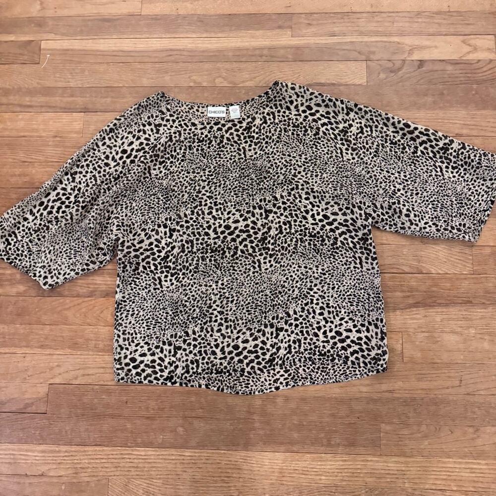 Chico's 100% silk sheer animal print short sleeve blouse shirt size Small S
b78